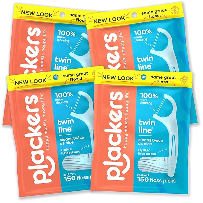 Plackers Twin-Line Dental Flossers, Advanced Whitening and Dual Action Flossing System, Easy Storage, Super Tuffloss, 2X The Clean, Cool Mint Flavor, 150 Count (Pack of 4)