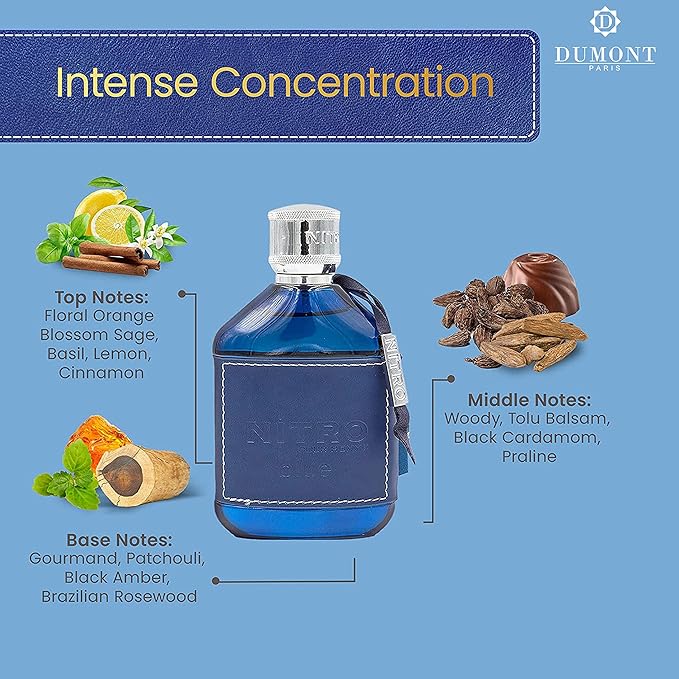 Dumont Nitro Blue Eau De Parfum - Uplifting Floral & Woody Fragrance - 3.4 Fl Oz