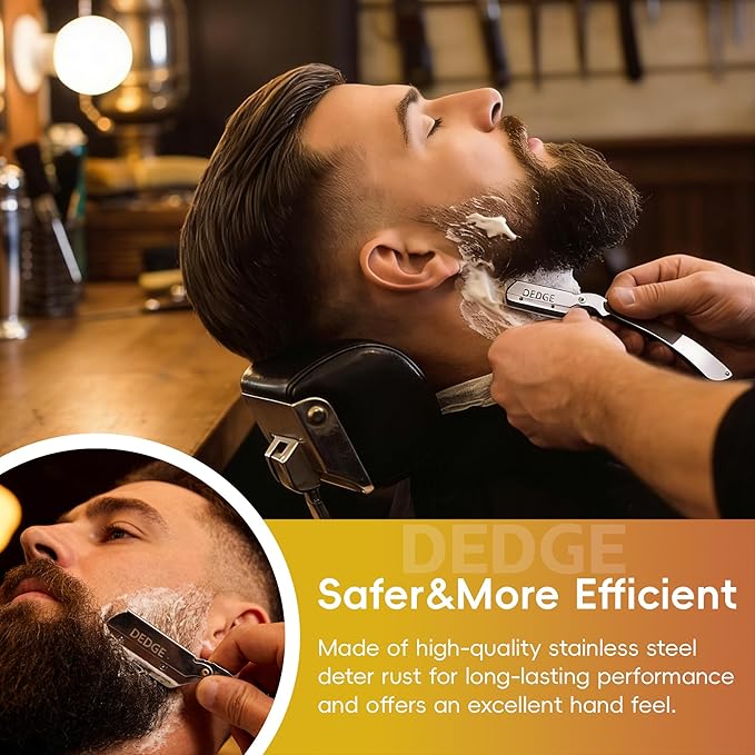 DEDGE Professional All Stainless Steel Straight Razor-Double Edge Razor Barber Beard Shaver with 10 Double Edge Blades for Barber Personal Grooming