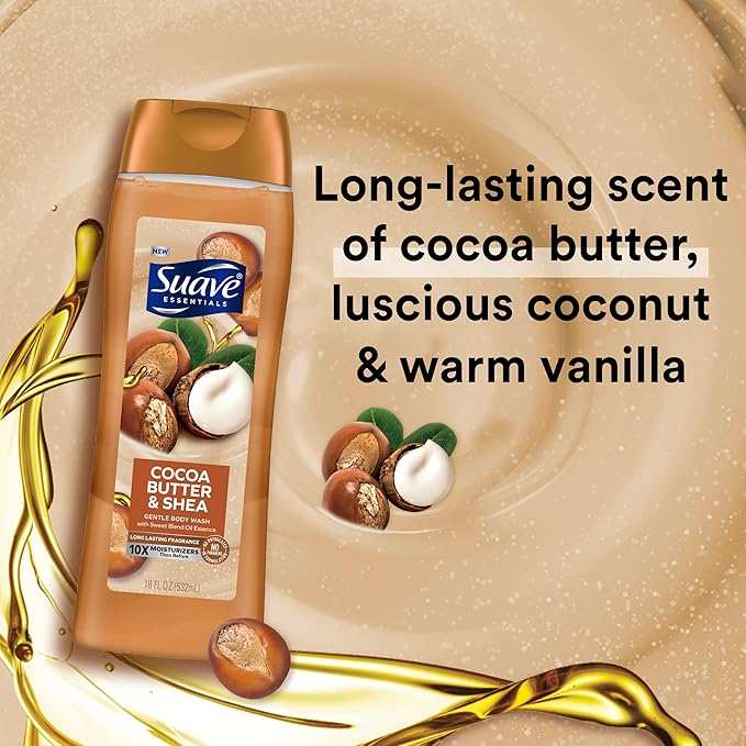Suave Moisturizing Body Wash, Cocoa Butter and Shea with Vitamin E Extract, No Parabens, No Phtahaltes, 18 Oz (Pack of 12)