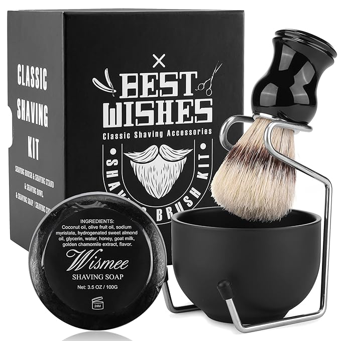 Men's Shaving Brush Set Boar Bristle Hair Shaving Brush, Stainless Steel Shaving Bowl & Stand, 3.5Oz Shaving Soap Wet Shaving Cleaning Tool Birthday Father Day Gifts for Him Men