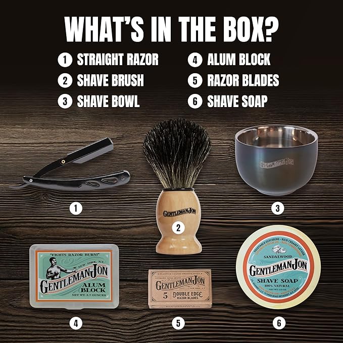 Gentleman Jon Straight Razor Shaving Kit - Vintage Wet Shave Grooming Set, Includes Straight Edge Razors for Men, Badger Hair Shaving Brush, Alum Block, Shave Soap, Bowl & Double Edge Safety Blades