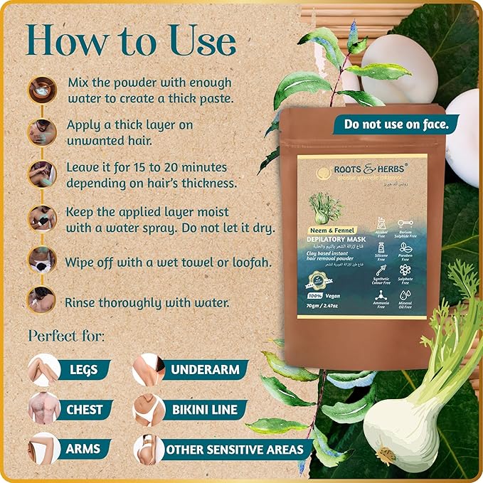 Neem & Fennel Hair Intimate Bikini Hair Removal for Women’s & Men’s Legs, Underarm, & Chest,- Depilatory Powder Body Hair Remover with Ayurvedic Herbs for All Skin Types - Roots and Herbs, 2.47oz