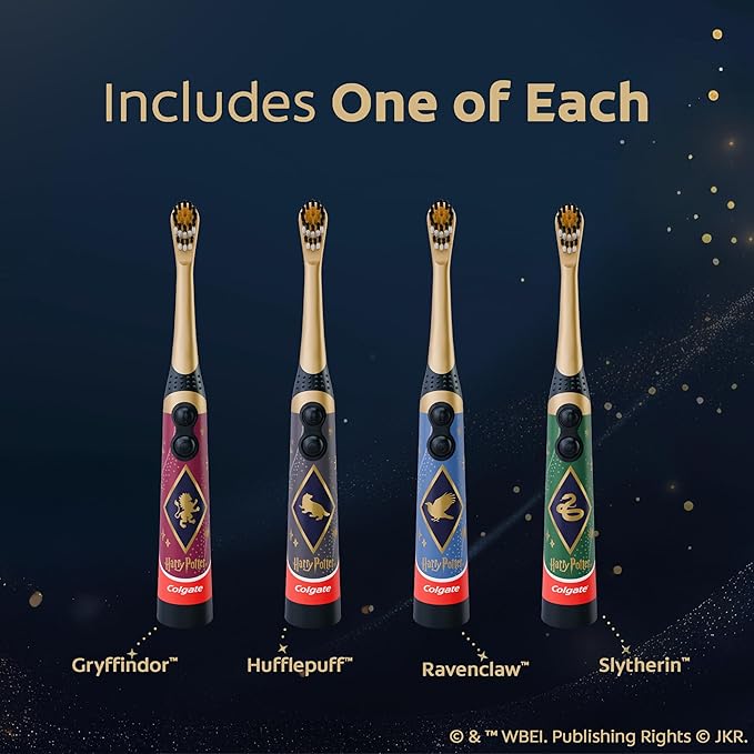 Colgate Harry Potter Kids Battery Toothbrush Multipack, Extra Soft Kids Vibrating Toothbrush, AA Batteries Included, 4 Pack, for Witches and Wizards Ages 3 and Older, Lay Flat Design