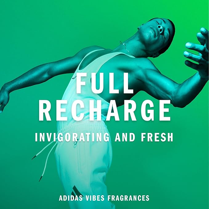Adidas Vibes Full Recharge Eau de Parfum 1.6 fl oz (Pack of 1), Notes of Fougere, Cedar, and Sage, Unisex Fragrance, Long Lasting, Sporty Fragrance, Travel Size