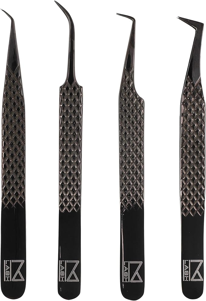 M LASH Tweezers for Eyelash Extensions (Set of 4) - Professional Lash Extension Tweezers - Fiber Tip, Japanese Steel, Diamond Grip Eyelash Extension Tweezer set (Black)