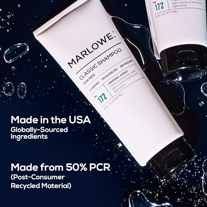 MARLOWE. No.172 Classic Mens Shampoo, Clarifies, Invigorates and Refreshes Hair with Moisturizing Argan Oil & Coconut Oil, All Hair Types, Paraben & Phthalate Free, 8 Fl Oz