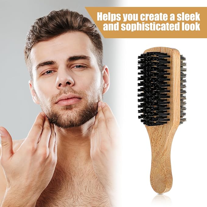 Double Sided Beard Brush, Imitation Bristle with Rubber Wood Handle for Men, Mustache Brushes, Shaving Brush Facial Hair Brushes Beard Grooming Tool for Grooming Slick Back Hair