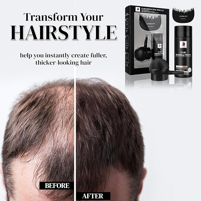 Hair Fibers & Applicator 3-in-1 Set - Natural Concealing Hair Thickening Fibers - Long-Lasting Spray with Accessory for Crisp Hairlines, Thicker Beard & Styling (light brown)