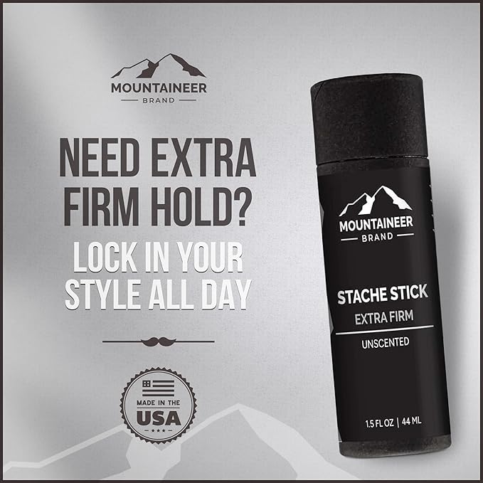 Mountaineer Brand Stache Stick | Pine Tar Scent | Made with Natural Ingredients West Virginia | Firm & Long Lasting Hold | Mustache Wax | Moustache Shape & Styling | Beard Wax for Men | 1.5oz