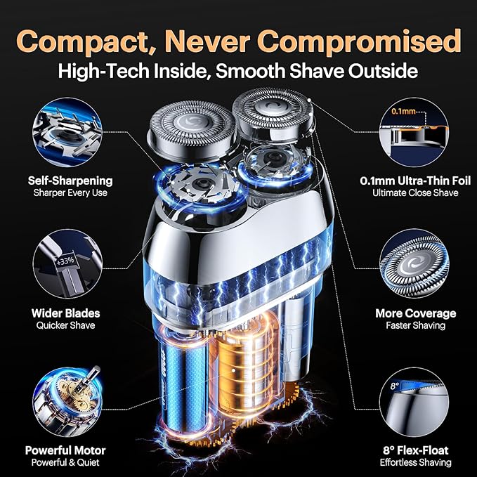All-Metal Mini Electric Shaver for Men – Portable Travel Razor with Mirror Cap, Smooth & Close Shave, LED Display, USB-C Fast Charge, Wet/Dry Waterproof – RX40 Silver