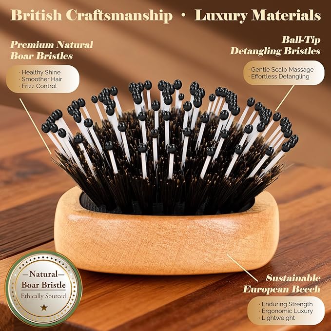 Mini Boar Bristle Hair Brush Since 1965 British Craftsmanship, Handmade Natural Wooden Small Hairbrush, Soft Bristles Gentle Detangling Smoothing Women Men Kids Long Curly Thick,Thin, Fine Hair