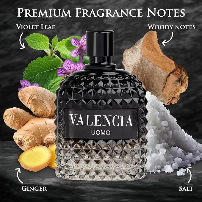 Valencia UOMO for Men Eau De Parfum - Woody Aromatic Fragrance - Floral Twist Blended with a Cool Facet of Mineral Notes & Salt - Edgy yet Masculine Scent - Cologne or Everyday Use - 100ml Bottle