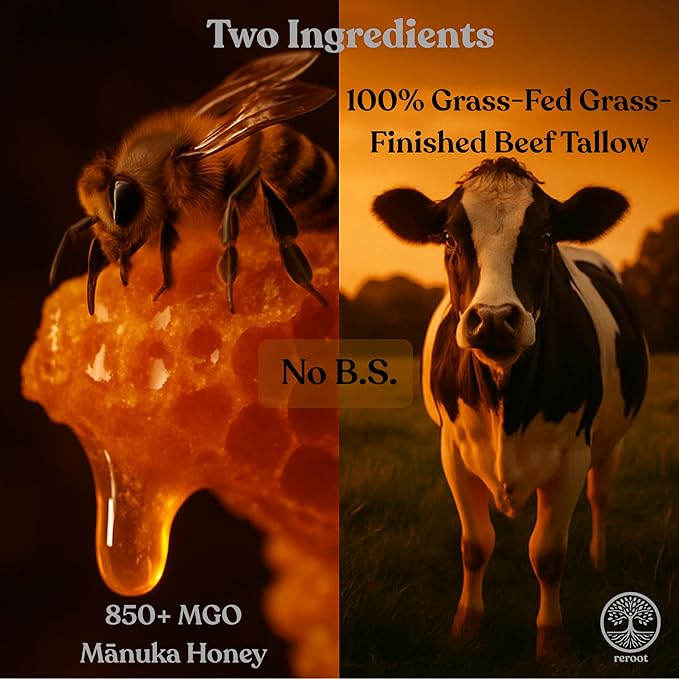 Manuka Honey Beef Tallow for Skin ~2 INGREDIENTS~ 100% Grass-Fed Tallow and Honey Balm - Whipped & UNSCENTED Tallow Face Moisturizer - Hydrating Tallow Balm for Men, Women, Kids & Babies (4oz)