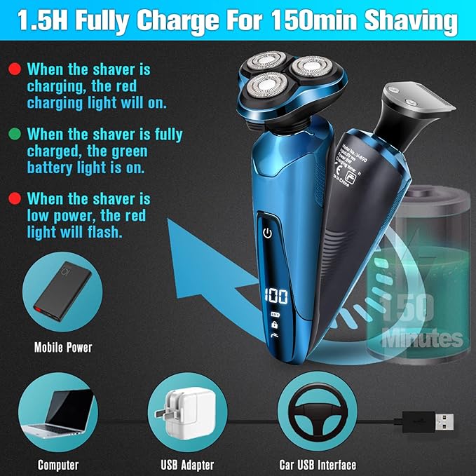 Electric Razor for Men, 3-in-1 Shaver with Floating Blades for Nose Hair &Sideburns,Replacement Blades, Pop-up Trimmer, IPX7 Waterproof, Travel Lock, Wet & Dry Use, Face Shaving Grooming Travel Kit