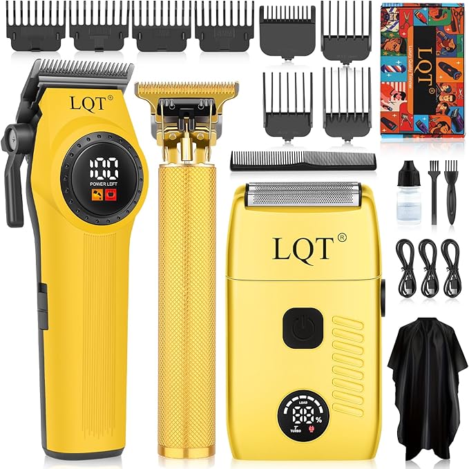 Hair Clippers for Men, 3-Piece Professional Grooming Kit Includes Hair Clipper, LED Power Display,Detail Trimmer and foil Shaver, Complete Cordless Set for Home Barber Use (Gold)