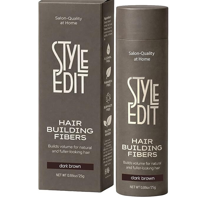 Style Edit Hair Building Fibers for Thinning Hair | Conceals Receding Hairlines, Fine Hair & Bald Spots for Fuller looking hair, 100% Plant-Based Thickening Powder for Men & Women, Dark Brown 0.88oz