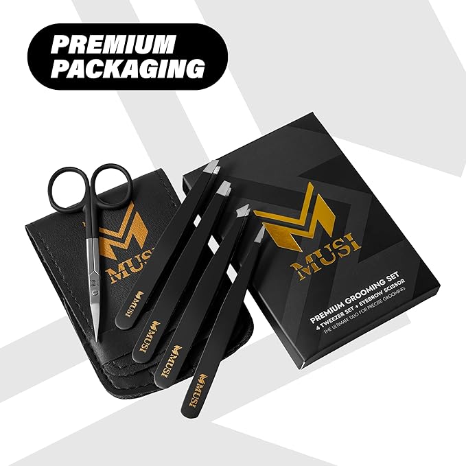 MUSI Eyebrow, Facial Hair, Ingrown Hair & Splinter Removal Tweezers with Eyebrow Scissors – Precision Multi-Purpose Beauty Tools, Anti-Rust Stainless Steel, Travel Case Included, for Women & Men