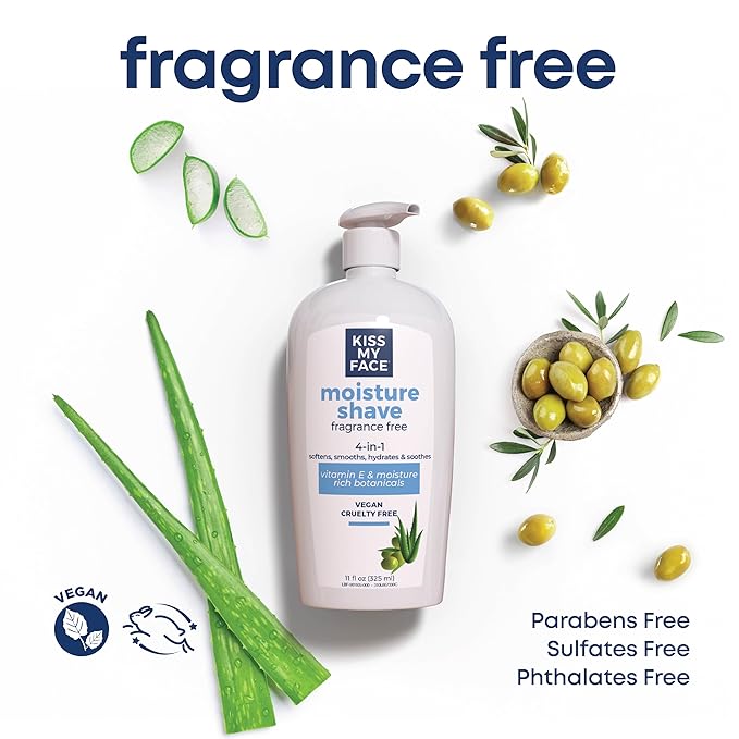 Kiss My Face Moisture Shave Cream, Fragrance Free Shaving Cream for Men and Women, 11 oz Pump Bottle, 4 Pack (Packaging May Vary)