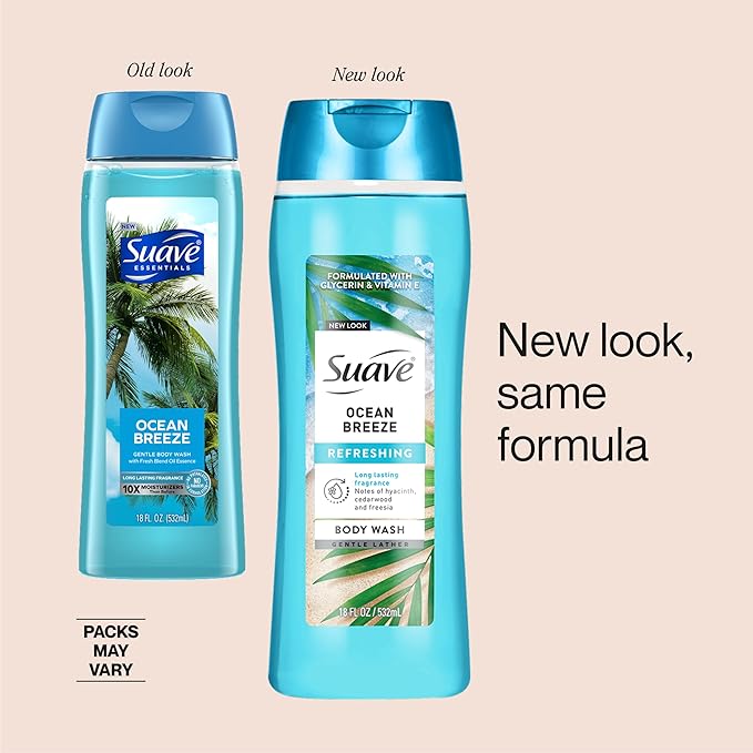 Suave Ocean Breeze Moisturizing Body Wash with Glycerin & Vitamin E, Hydrating Formula For Soft, Smooth Skin, Long Lasting Fragrance, 18 FL OZ, 6 Count