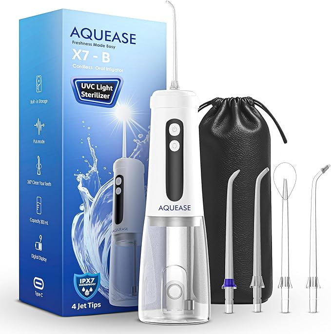 Cordless Water Flosser | Oral Irrigator for Sensitive Gums & Braces | Built-in Light for Self-Cleaning |4 Tips 2 Modes 18 Pressure Settings, Bag | Portable Water Flossers Rechargeable & Waterproof