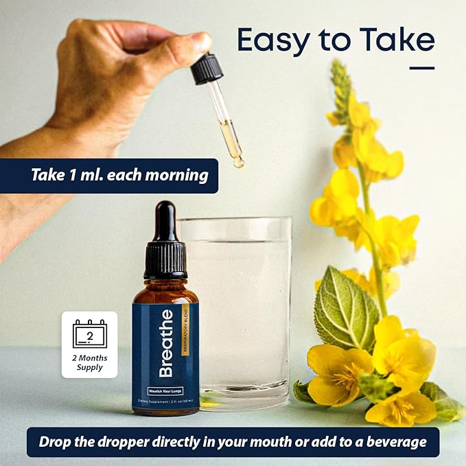BREATHE 8-IN-1 Mullein Drops for Lungs & Airways 2 fl.oz. - Peppermint, Thyme, & Mullein Leaf Extract - Lung Detox for Smokers - Break up Mucus & Breathe Clear- GMO-Free & Made in USA- 2 months supply