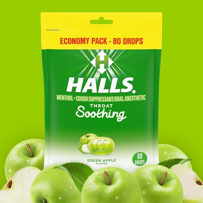 Halls Throat Relief Green Apple Cough Drops, Value Pack, 80 Drops