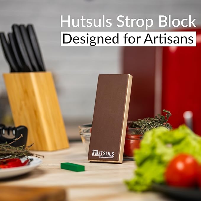 Hutsuls Leather Strop for Knife Sharpening - 3x9 Inch Wood Base Strop Block with Green Stropping Compound, Stropping Kit, Genuine Leather Knife Strop for Knives, Chisels and Straight Razors