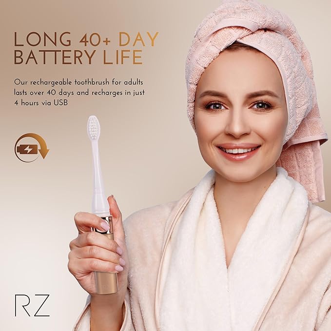 Rachel Zoe Portable Electric Toothbrush for Adults, Battery Operated Compact Sonic Tooth Brush for Trips, Waterproof Travel Toothbrush with Cover, 2 Removable Brush Heads Included, Rose/Gold/White