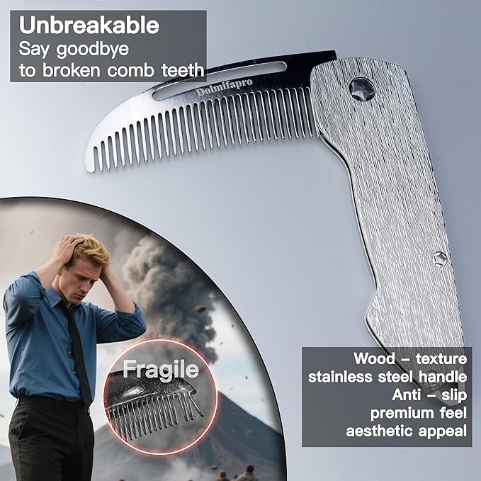 Small Folding Mustache Comb, Metal Beard Comb for men Pocket Mini Portable Fits In Keychain Anti-Static (Wood Grain)