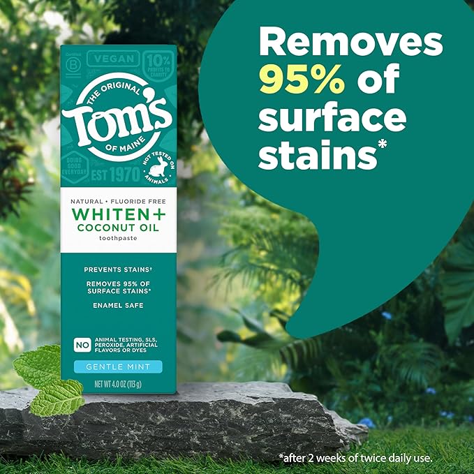 Tom’s of Maine Whiten Plus Coconut Oil Fluoride Free Toothpaste, Natural Whitening Toothpaste with Plant-Based Cleansers, Whitens Without Causing Sensitivity, Gentle Mint, 4.0 Oz (Pack of 3)