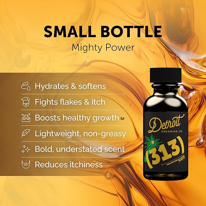 Detroit Grooming Beard Oil | Hydrating & Nourishing Formula with Sweet Almond & Vitamin E | Toasted Vanilla & Amber • 313 Scent (1 oz)