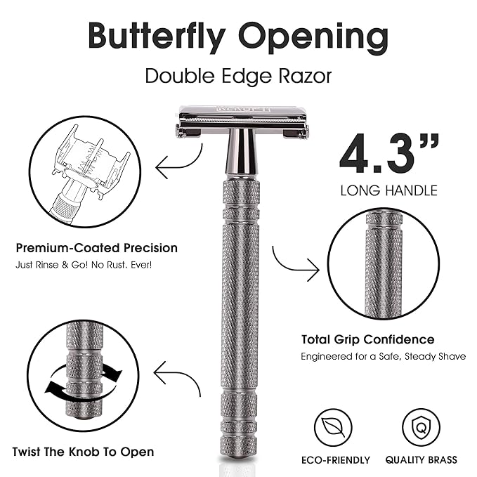 Double Edge Safety Razor for Men with 10 Blades, Butterfly Open Design for Close Shave - Eco-Friendly Metal Razor, Premium Gift for Dad, Husband - Modern Shaving Kit - Gloss Black