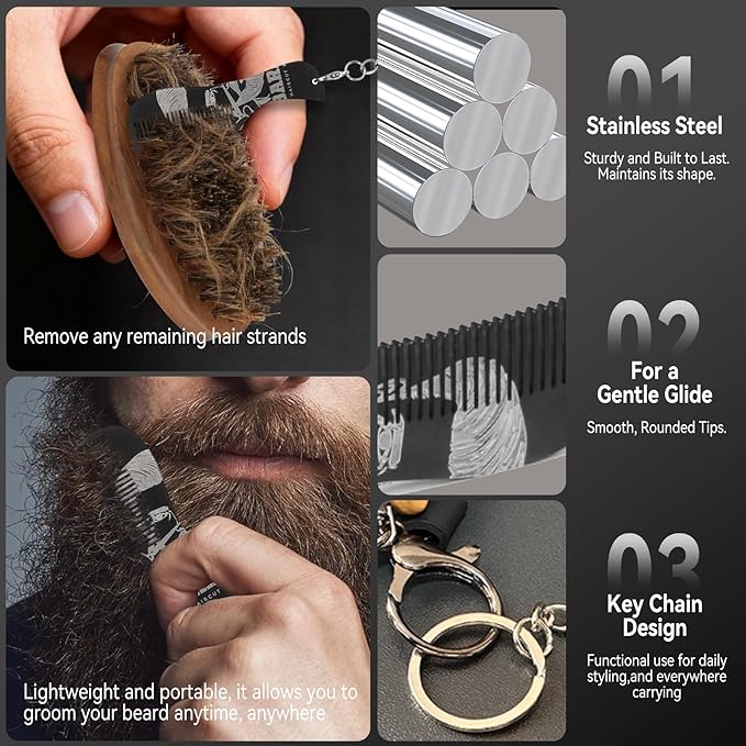 Pocket Mustache Brush and Travel Brush - Wooden Boar Bristle Beard Brush for Men with Small Metal Beard Comb, Perfect for Home and Travel Use - Samll