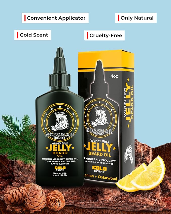 Bossman Jelly Beard Oil for Men (4 oz, Gold Scent) – Softens, Moisturizes & Conditions with Natural Ingredients