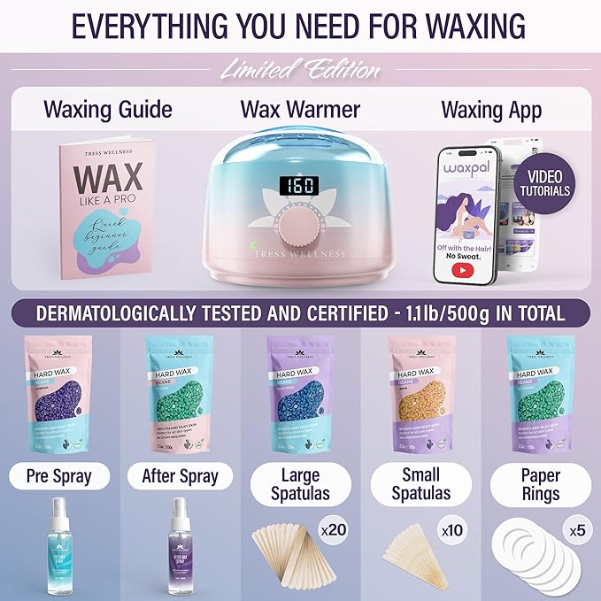 Tress Wellness Waxing Kit for Sensitive Skin – Safe for Face & Skin, Prep & Aftercare Spray, Easy to Use – At-Home Kit for Face, Bikini, Brazilian & Full Body - Digital Display, Pink to Teal