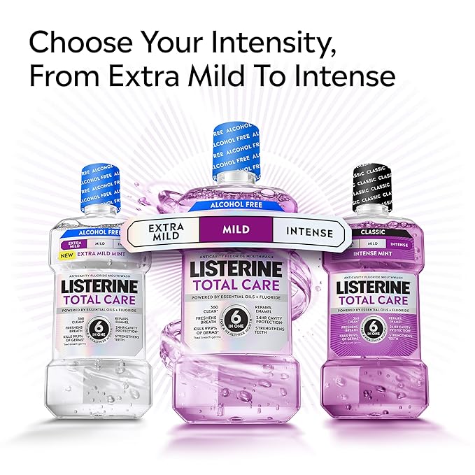 Listerine Total Care Intense Anticavity Fluoride Mouthwash, 6 Benefits in 1 Oral Rinse Helps Kill 99% of Bad Breath Germs, Prevents Cavities, Provides 360 Clean*, ADA-Accepted, Intense Mint, 1 L