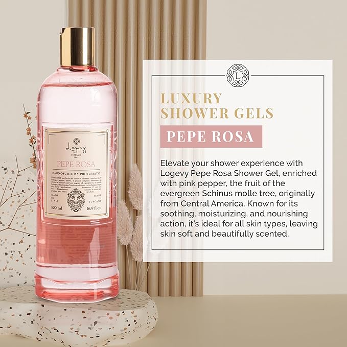 Logevy Pepe Rosa Shower Gel – Indulgent Pink Pepper Aroma Made from the Best Skin-Friendly Ingredients, Rich in Nutritional Properties for Rejuvenating, Hydrating, and Soothing Action – 500ml