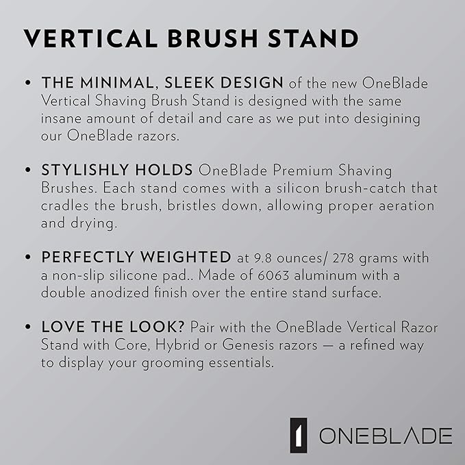 OneBlade Vertical Shaving Brush Stand (Silver) Heavy Duty 6063 Aluminum, Double Anodized Finish, Hygienic Shaving Brush Storage - Weight 9.8 oz / 278 grams