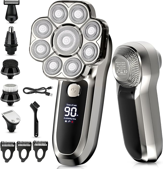 9D Head Shaver for Bald Men, 6-in-1 Electric Razor with LED Display, Waterproof Wet & Dry, Type-C Fast Charging Cordless Bald Head Shaver (Gunmetal, 9D)