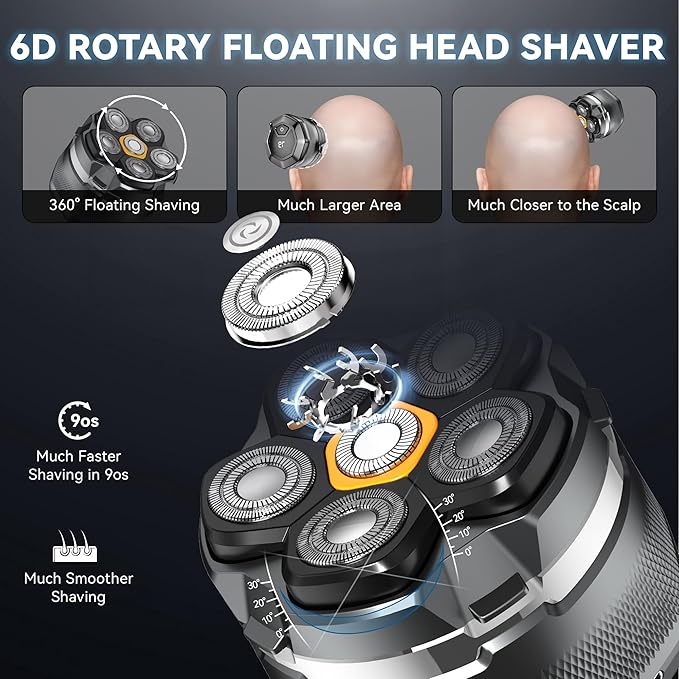 Head Shaver for Bald Men, 10,000 RPM High-Speed Electric Razor, Innovative 6D Magnetic Floating Heads, IPX8 Waterproof Wet/Dry Shaving Kit with LED Display & EVA Travel Case，Upgraded Gray&Yellow