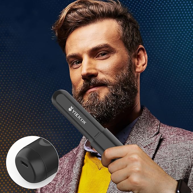 VIKICON Beard Straightener for Men: Cordless Heated Beard Brush for Men, Electric Hot Comb, Anti-Scald Mini Straightening Brush for Beard Grooming, Portable for Travel and Home Use, Gifts for Him Dad