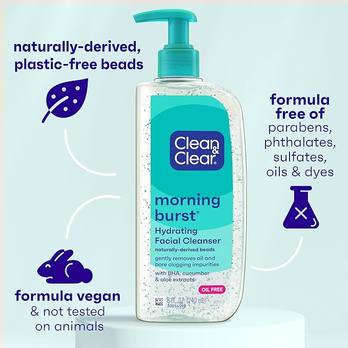 Clean & Clear Morning Burst Hydrating Facial Cleanser with BHA,Cucumber & Aloe Extracts,Refreshing Face Wash for Soft,Smooth-& Clear Skin,8 fl. oz,(Pack of 2)