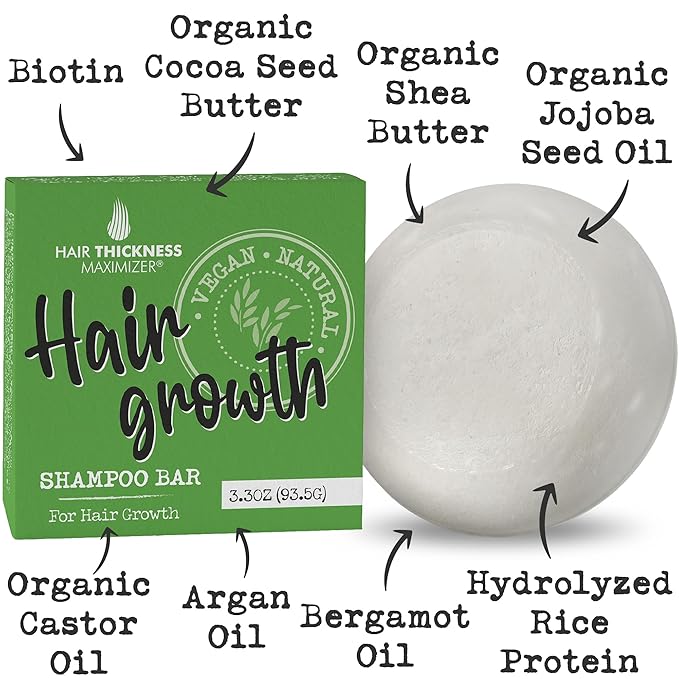 Hair Growth Shampoo Bar with Biotin. Eco-Friendly, No Harsh Chemicals, Color Safe, pH Balanced. Solid Shampoo Bar Equal to 3 Liquid Bottles. Zero Plastic, USA Made, Strengthening & Dry Hair Relief