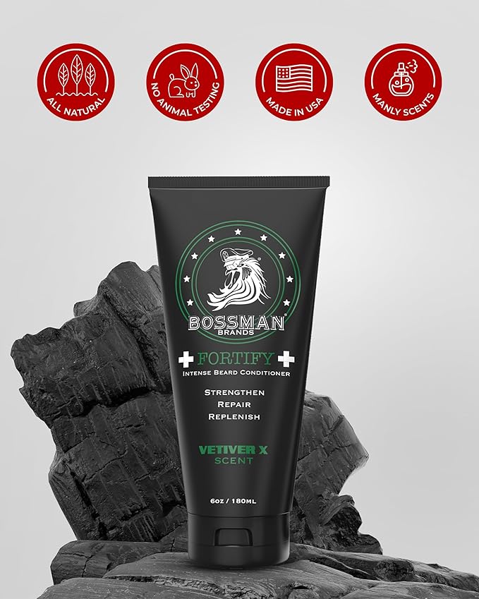 Bossman Fortify Intense Beard Conditioner for Men (Vetiver X Scent) – Moisturizes, Replenishes & Protects with Natural Ingredients – Thicker Formula, Made in USA