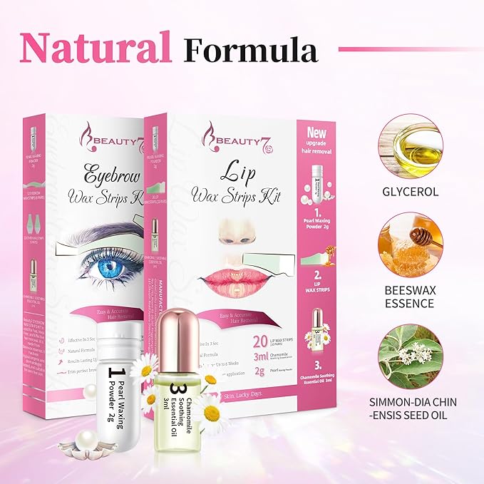 Beauty7 Wax Strips Kit, 2 SETS IN ONE PACKAGE. Eyebrow & Lip Facial Hair Removal with Pearl Powder Essential Oil for All Skin Types Women