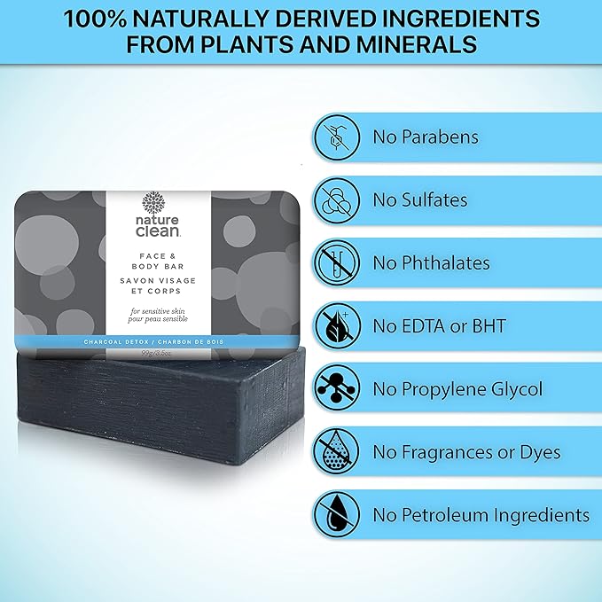 Nature Clean Activated Charcoal Soap for Face & Body Detox 3.5 oz (3-pack) Deep Moisturizing, Exfoliating & Cleansing Black Soap Acne Treatment, Eczema & Psoriasis. Sensitive Skin Cleanser