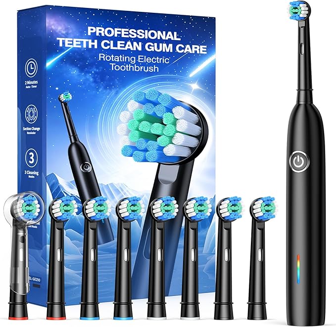 Rotating Electric Toothbrush with 8 Brush Heads for Adults and Kids, 3 Modes Rechargeable Power Toothbrush with 2-Minute Smart Timer, 45-Day Battery Life