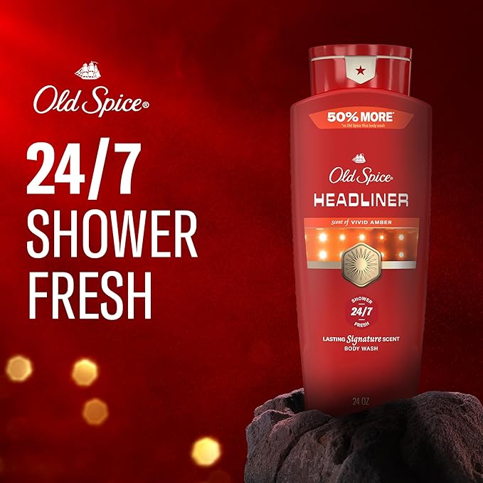 Old Spice Body Wash for Men, 24/7 Shower Fresh & Clean with Daily Use, Lasting Signature Scent, Refreshing Lather, Moisturizing Formula, Headliner with Black Currant, Leather, & Amber Scent, 24 oz