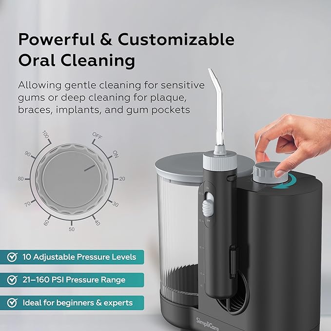Pro Countertop Oral Irrigator Water Dental Flosser | 10 Pressure Levels, 21–160 PSI, 20.3 oz Large Tank, Complete 8-Tip System for Braces, Implants & Gum Care, BPA-Free (FC1761-Black)